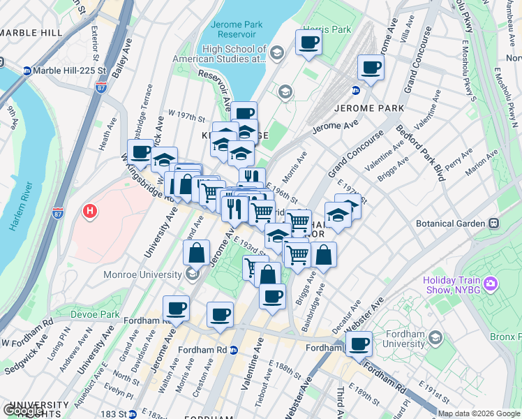 map of restaurants, bars, coffee shops, grocery stores, and more near in The Bronx
