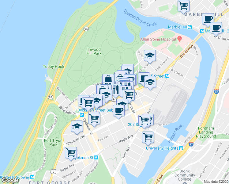 map of restaurants, bars, coffee shops, grocery stores, and more near 4913 Broadway in New York