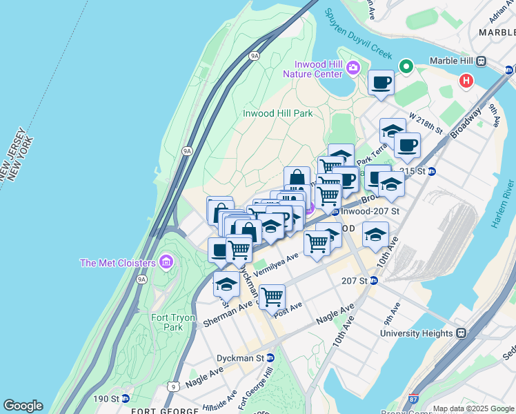 map of restaurants, bars, coffee shops, grocery stores, and more near 49 Seaman Avenue in New York