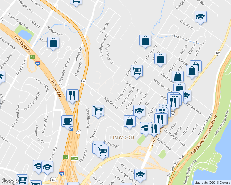 map of restaurants, bars, coffee shops, grocery stores, and more near 2455 Rossett Street in Fort Lee