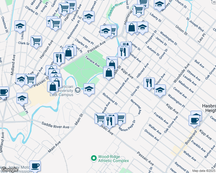 map of restaurants, bars, coffee shops, grocery stores, and more near 195 South Main Street in Lodi