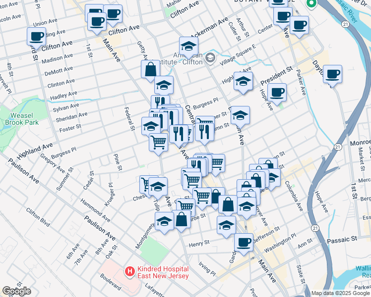 map of restaurants, bars, coffee shops, grocery stores, and more near 408 Harrison Street in Passaic