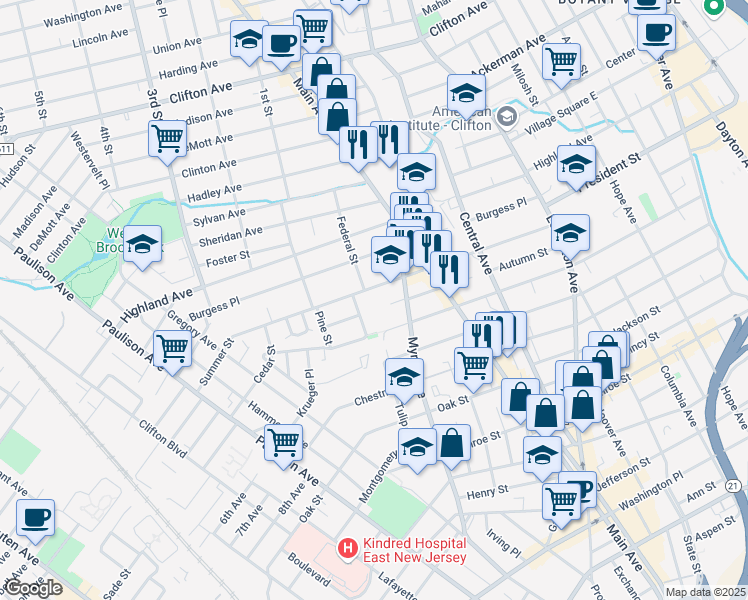 map of restaurants, bars, coffee shops, grocery stores, and more near 20 Spruce Street in Passaic