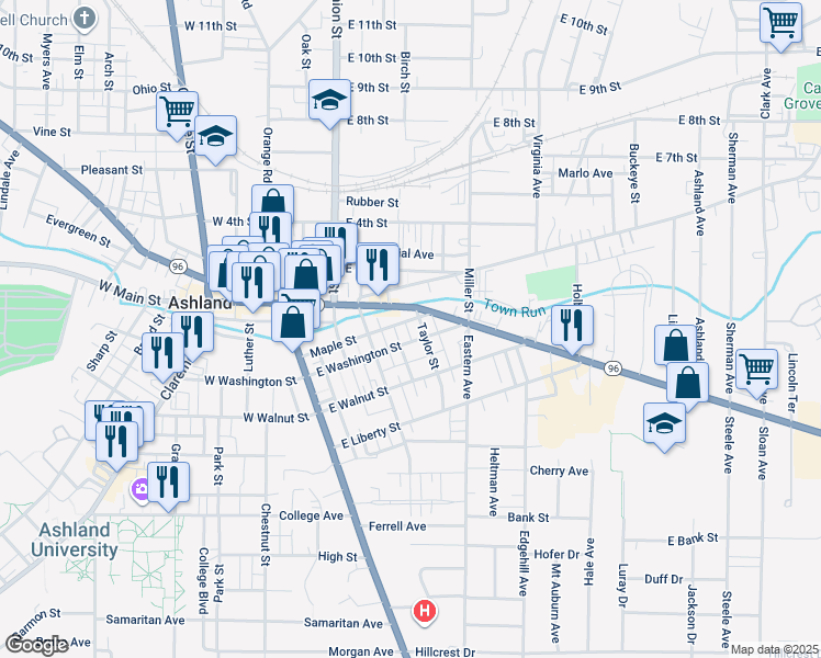 map of restaurants, bars, coffee shops, grocery stores, and more near 235 East Washington Street in Ashland