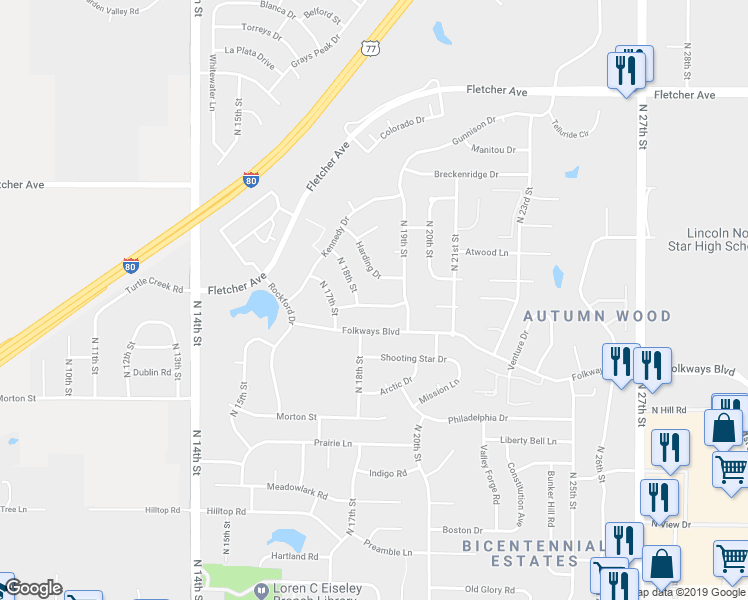 map of restaurants, bars, coffee shops, grocery stores, and more near 1833 Spring Meadow Drive in Lincoln