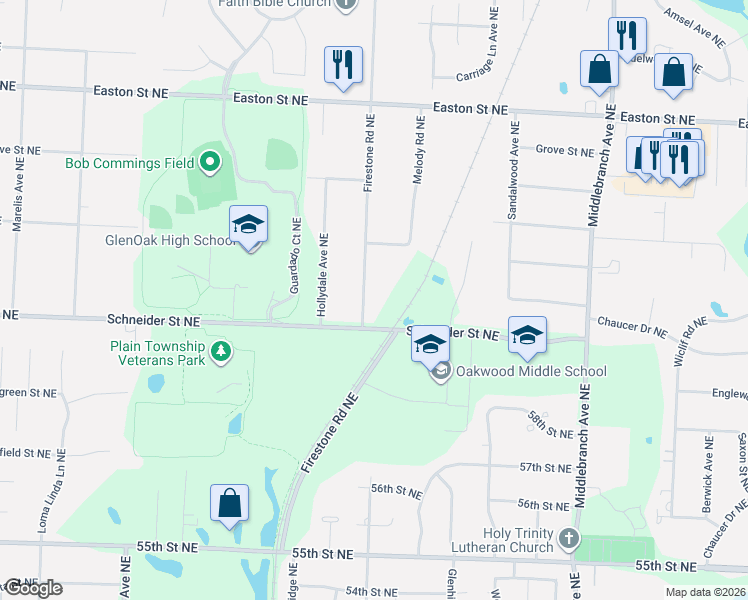 map of restaurants, bars, coffee shops, grocery stores, and more near 6011 Firestone Avenue Northeast in Canton