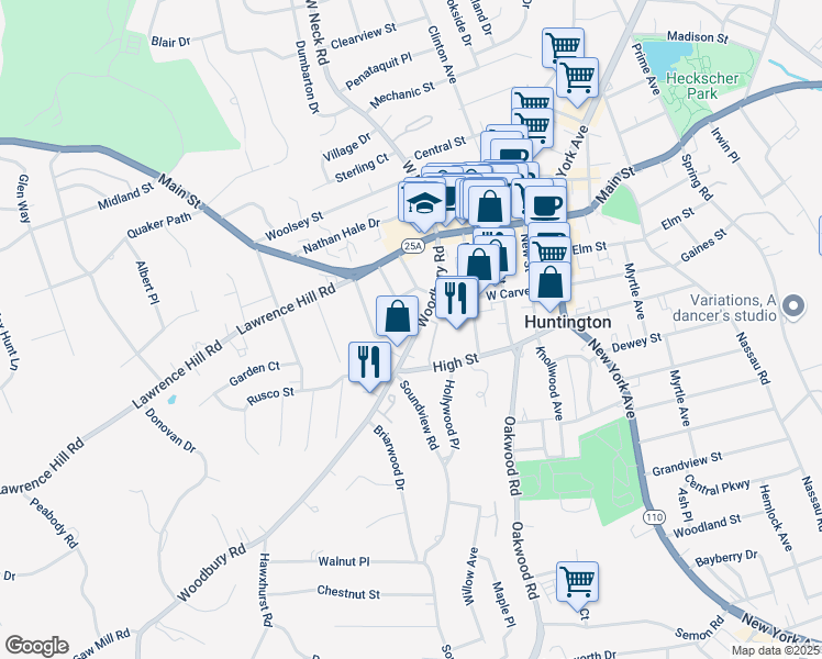map of restaurants, bars, coffee shops, grocery stores, and more near 68 Hillside Avenue in Huntington