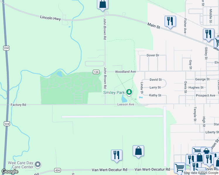 map of restaurants, bars, coffee shops, grocery stores, and more near 9389 John Brown Road in Van Wert