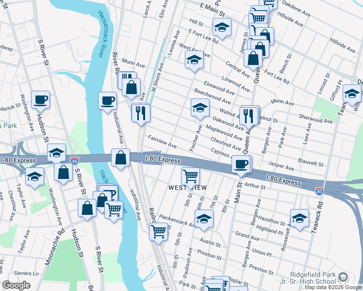 map of restaurants, bars, coffee shops, grocery stores, and more near 132 Fairview Avenue in Bogota