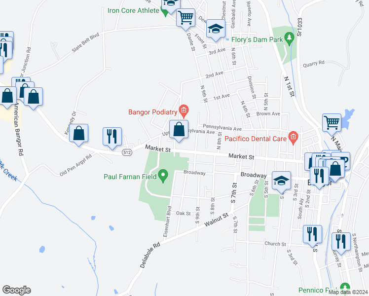 map of restaurants, bars, coffee shops, grocery stores, and more near 888 Market Street in Bangor