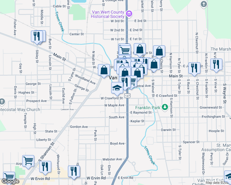 map of restaurants, bars, coffee shops, grocery stores, and more near 205 West Crawford Street in Van Wert