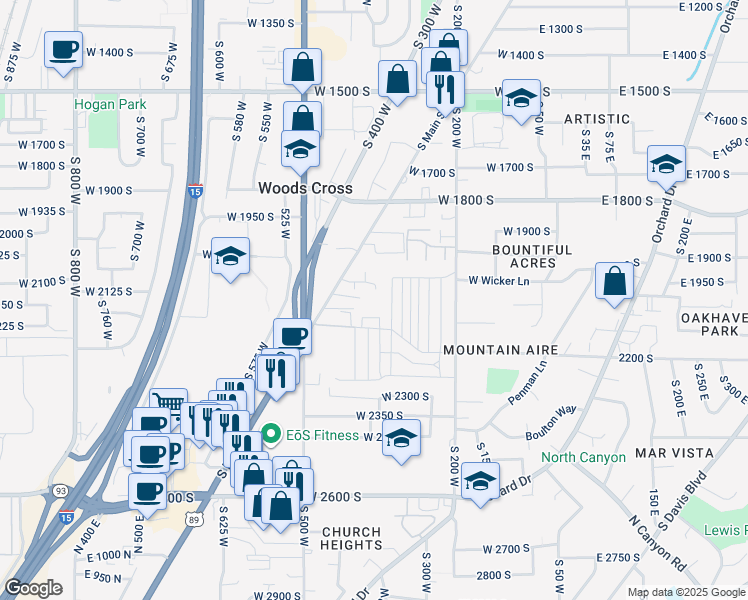 map of restaurants, bars, coffee shops, grocery stores, and more near 2095 South Main Street in Bountiful