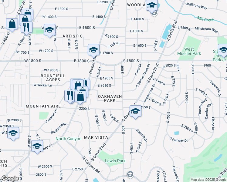 map of restaurants, bars, coffee shops, grocery stores, and more near 2038 South 350 East in Bountiful