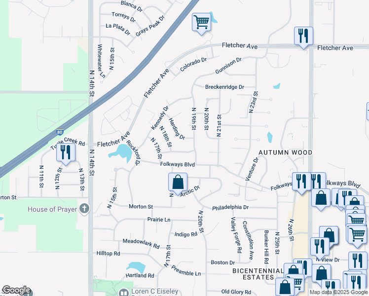 map of restaurants, bars, coffee shops, grocery stores, and more near 1833 Spring Meadow Drive in Lincoln