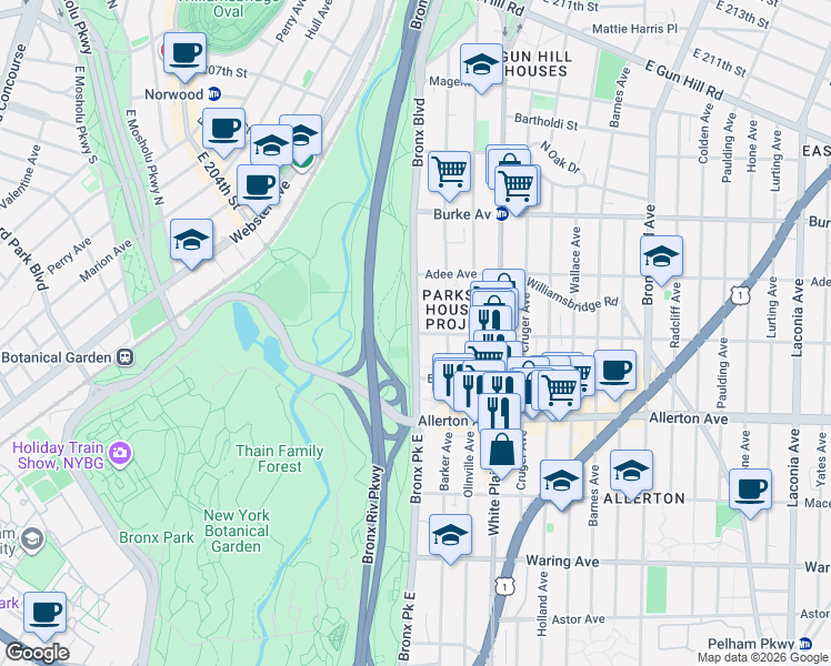map of restaurants, bars, coffee shops, grocery stores, and more near Bronx Park E & Arnow Ave in Bronx
