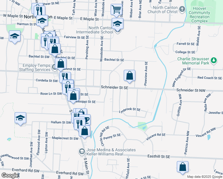 map of restaurants, bars, coffee shops, grocery stores, and more near 710 Schneider Street Southeast in North Canton