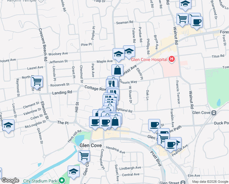 map of restaurants, bars, coffee shops, grocery stores, and more near 100 School Street in Glen Cove