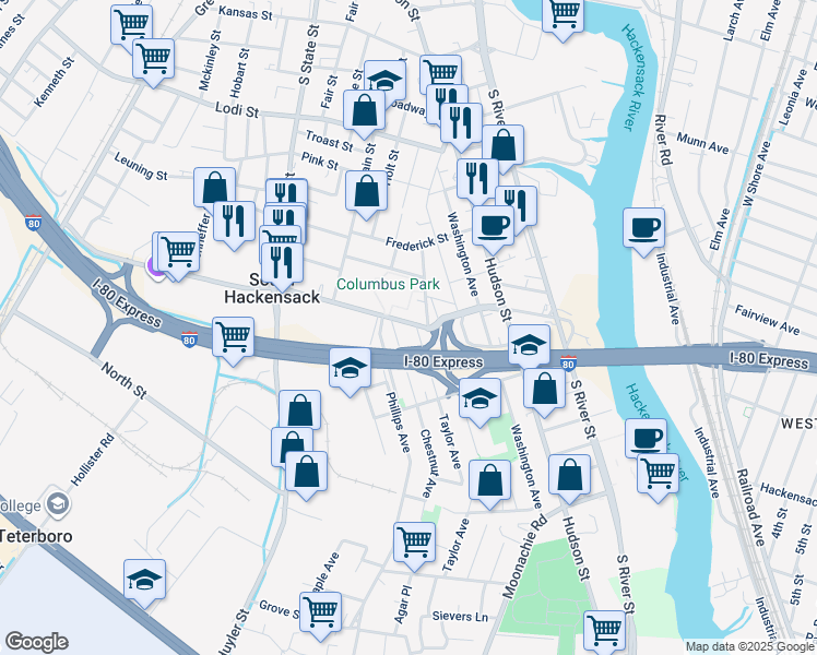 map of restaurants, bars, coffee shops, grocery stores, and more near 323 Chestnut Avenue in South Hackensack