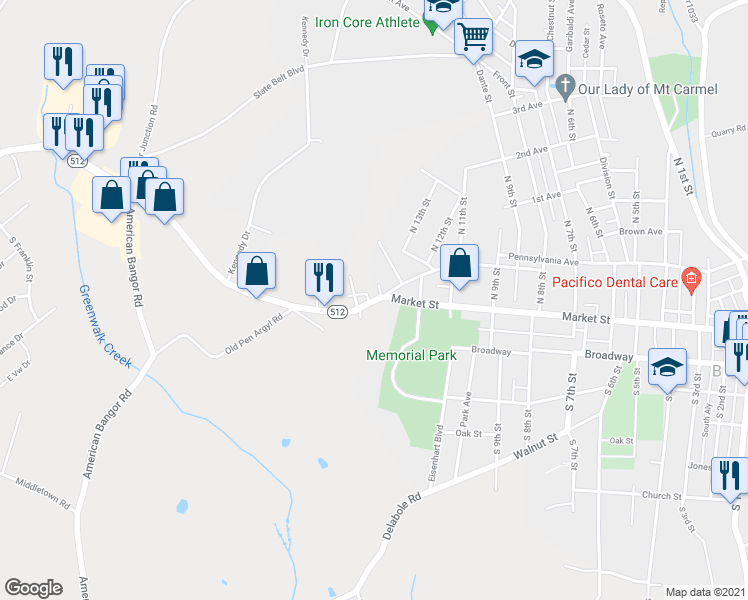 map of restaurants, bars, coffee shops, grocery stores, and more near 1 Upper Pennsylvania Avenue in Bangor