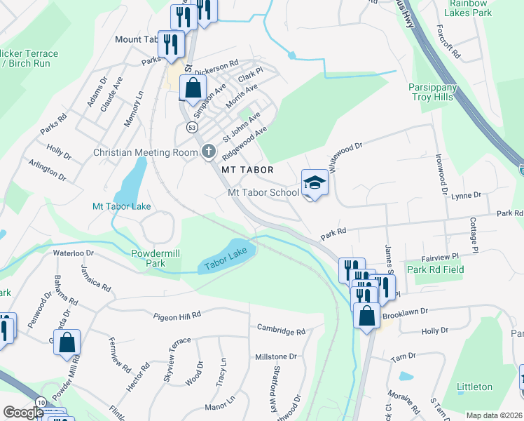 map of restaurants, bars, coffee shops, grocery stores, and more near in Parsippany-Troy Hills