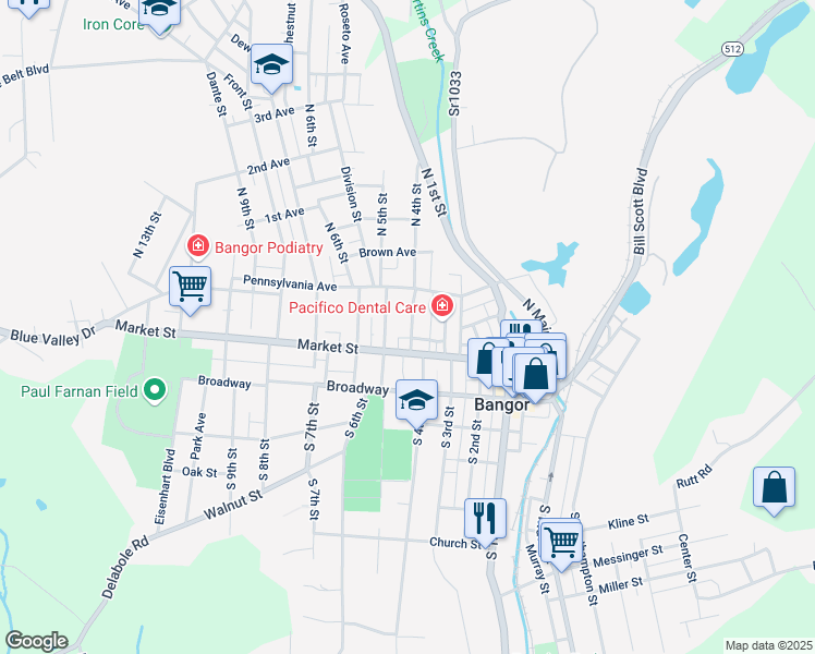 map of restaurants, bars, coffee shops, grocery stores, and more near 36 North 4th Street in Bangor