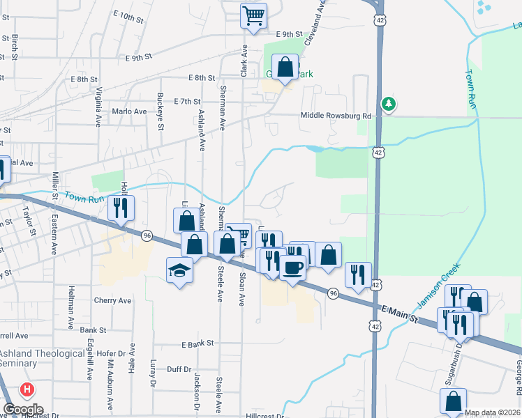 map of restaurants, bars, coffee shops, grocery stores, and more near 1126 East Main Street in Ashland