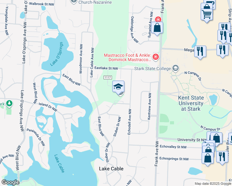 map of restaurants, bars, coffee shops, grocery stores, and more near 5335 Villa Padova Drive Northwest in Canton