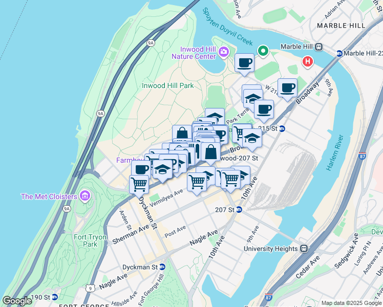 map of restaurants, bars, coffee shops, grocery stores, and more near 4913 Broadway in New York