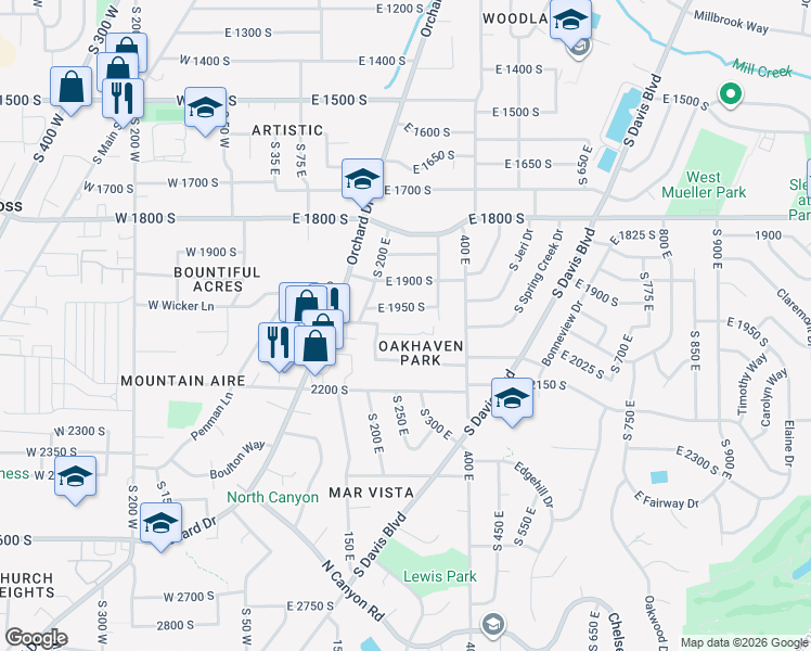 map of restaurants, bars, coffee shops, grocery stores, and more near 257 East 2050 South in Bountiful