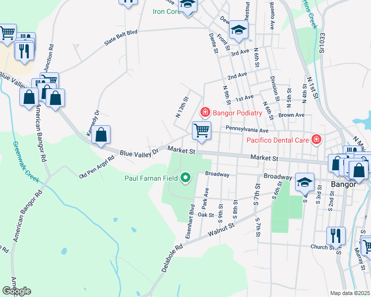 map of restaurants, bars, coffee shops, grocery stores, and more near 1033 Market Street in Bangor