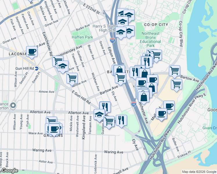 map of restaurants, bars, coffee shops, grocery stores, and more near in The Bronx