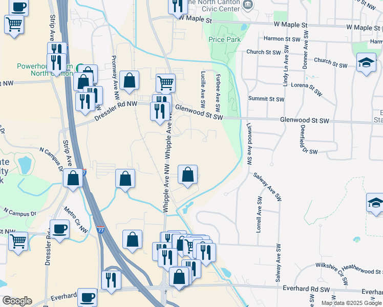 map of restaurants, bars, coffee shops, grocery stores, and more near in Canton