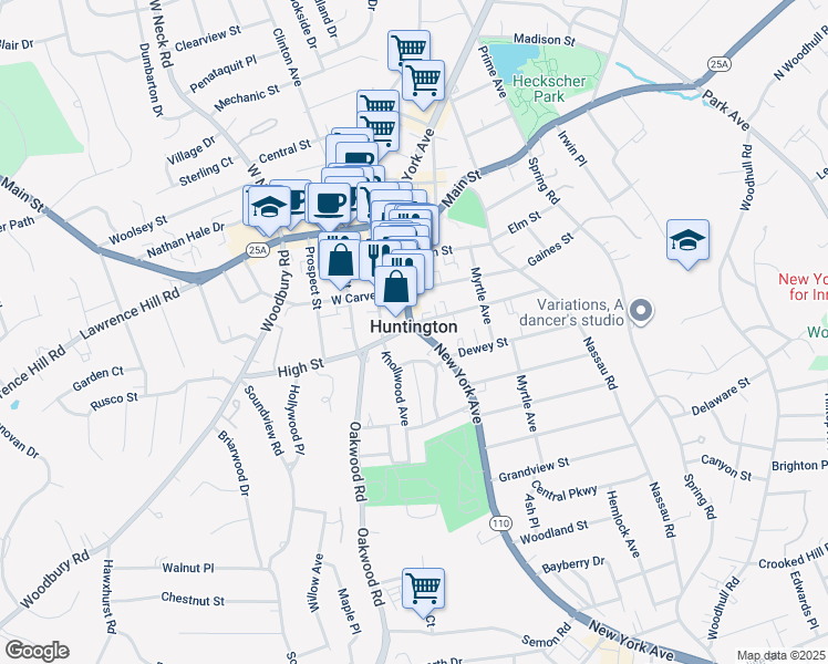 map of restaurants, bars, coffee shops, grocery stores, and more near in Huntington