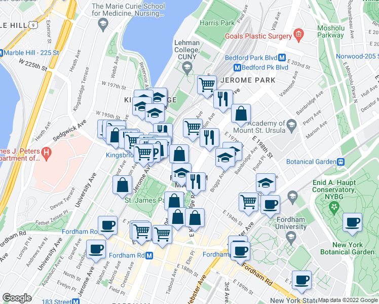 map of restaurants, bars, coffee shops, grocery stores, and more near 2710 Creston Avenue in The Bronx