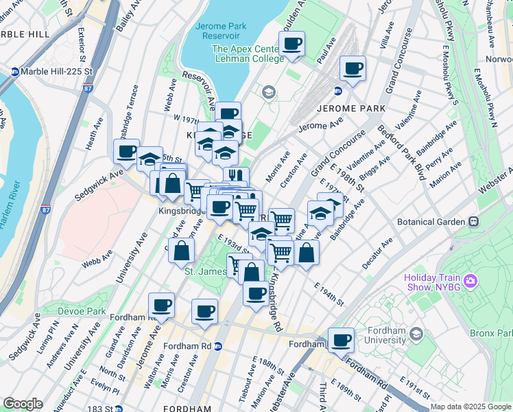map of restaurants, bars, coffee shops, grocery stores, and more near 1E East Kingsbridge Road in Bronx