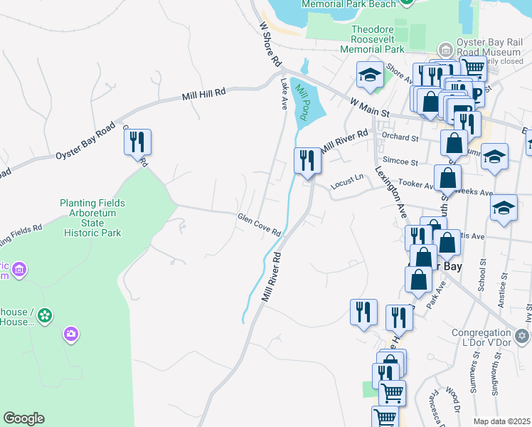 map of restaurants, bars, coffee shops, grocery stores, and more near 7 Glen Cove Road in Oyster Bay