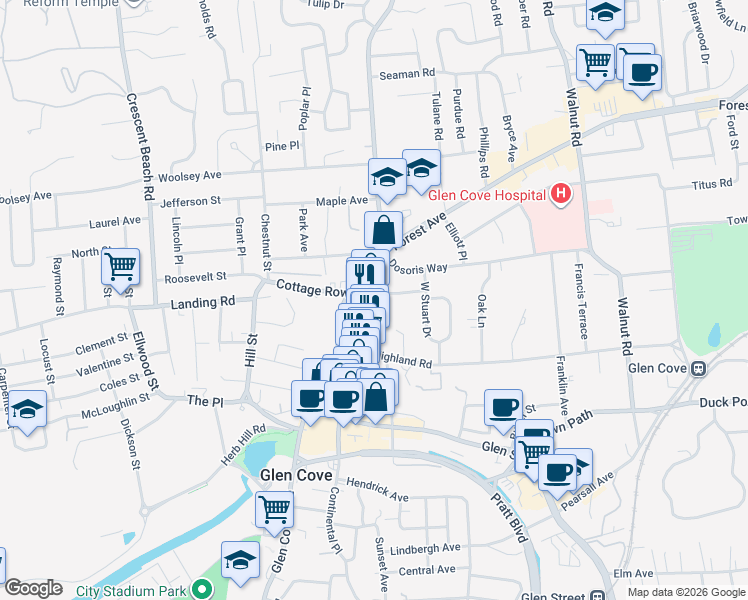 map of restaurants, bars, coffee shops, grocery stores, and more near 100 School Street in Glen Cove