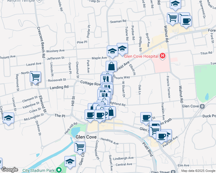 map of restaurants, bars, coffee shops, grocery stores, and more near 100 School Street in Glen Cove