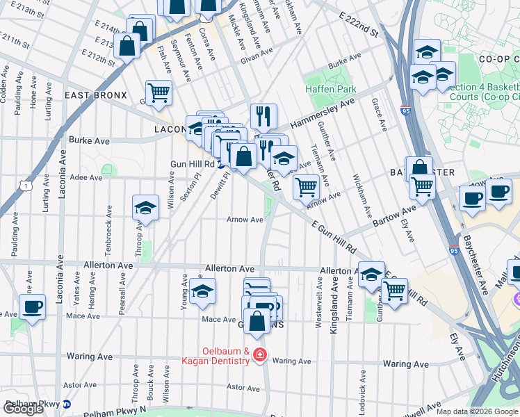 map of restaurants, bars, coffee shops, grocery stores, and more near 1465 Arnow Avenue in Bronx