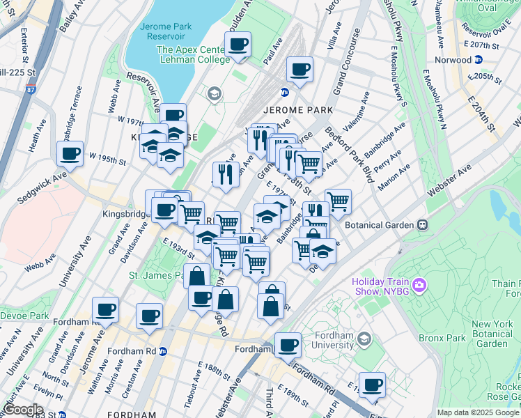 map of restaurants, bars, coffee shops, grocery stores, and more near in The Bronx