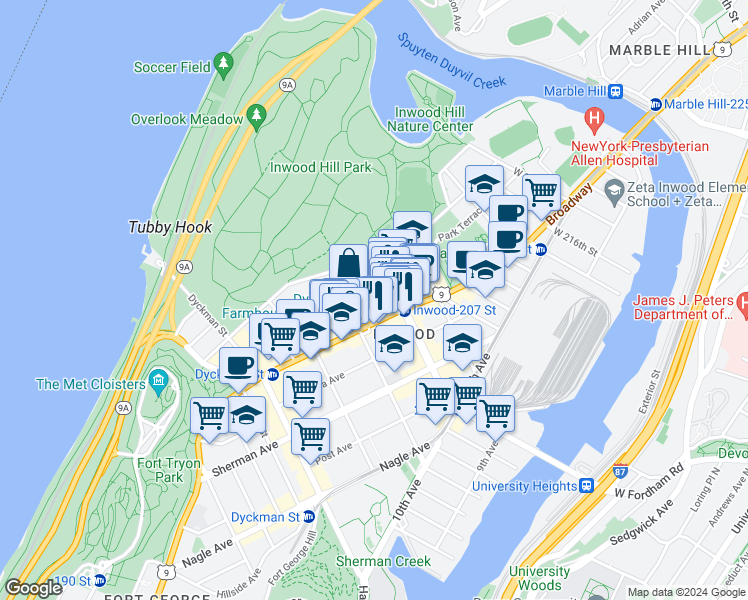 map of restaurants, bars, coffee shops, grocery stores, and more near 4913 Broadway in New York