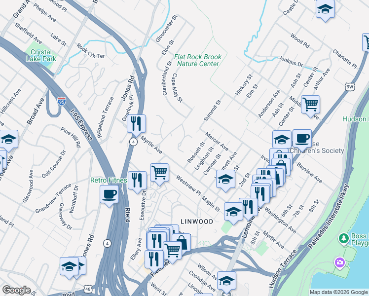 map of restaurants, bars, coffee shops, grocery stores, and more near 2455 Rossett Street in Fort Lee