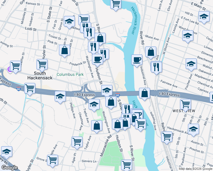 map of restaurants, bars, coffee shops, grocery stores, and more near 347 Hudson Street in Hackensack