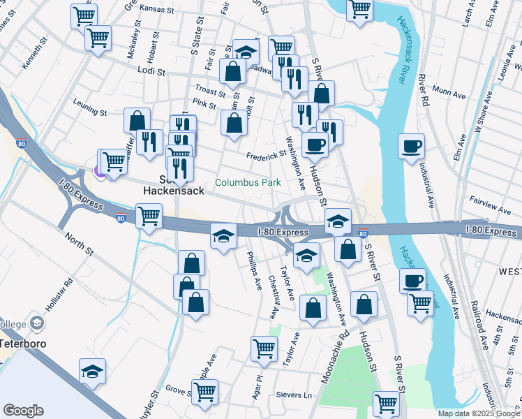 map of restaurants, bars, coffee shops, grocery stores, and more near 323 Chestnut Avenue in South Hackensack