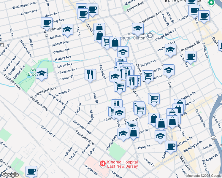 map of restaurants, bars, coffee shops, grocery stores, and more near 20 Spruce Street in Passaic
