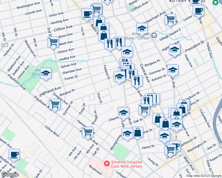 map of restaurants, bars, coffee shops, grocery stores, and more near 20 Spruce Street in Passaic