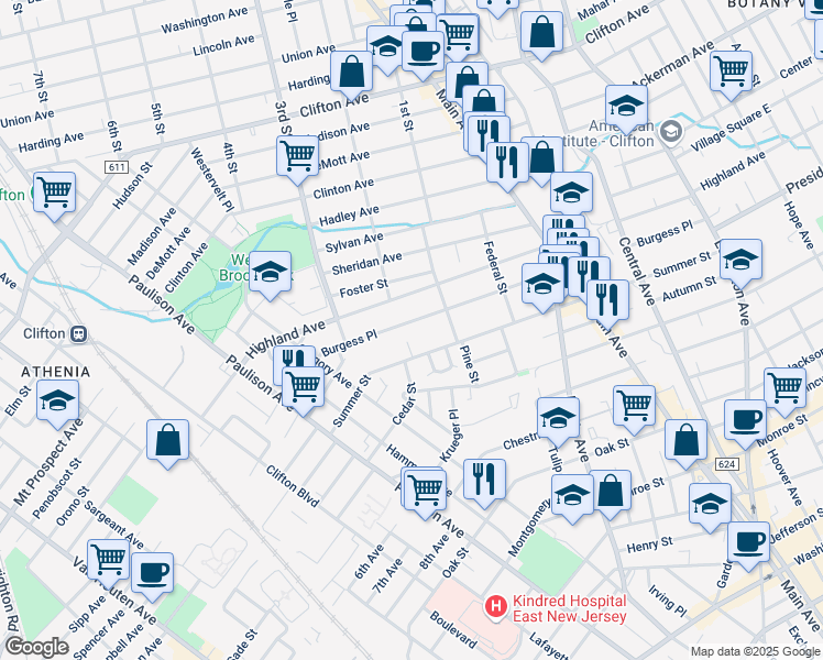 map of restaurants, bars, coffee shops, grocery stores, and more near 288 Summer Street in Passaic