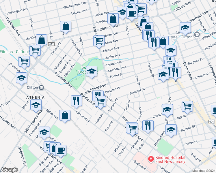 map of restaurants, bars, coffee shops, grocery stores, and more near 310 Burgess Place in Clifton