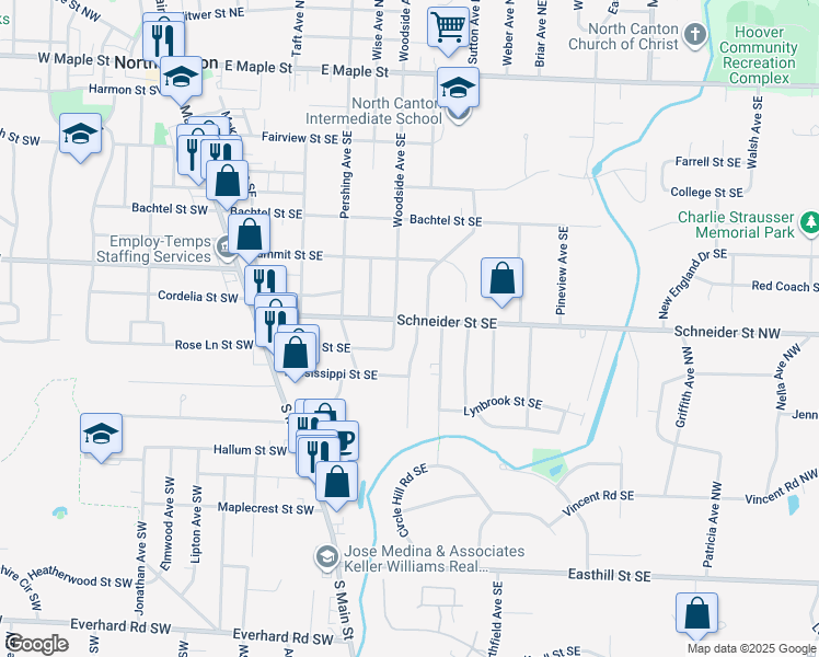 map of restaurants, bars, coffee shops, grocery stores, and more near 1125 Willoway Avenue Southeast in North Canton