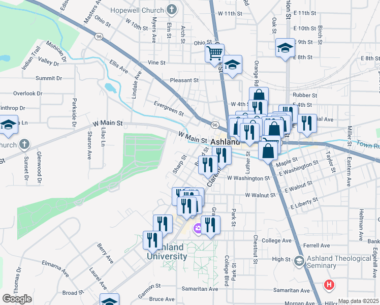 map of restaurants, bars, coffee shops, grocery stores, and more near 311 Sharp Street in Ashland